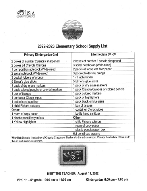 School supplies List 2022-2023