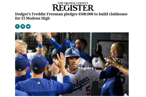 Dodgers' Freddie Freeman pledges $500,000 to build clubhouse for