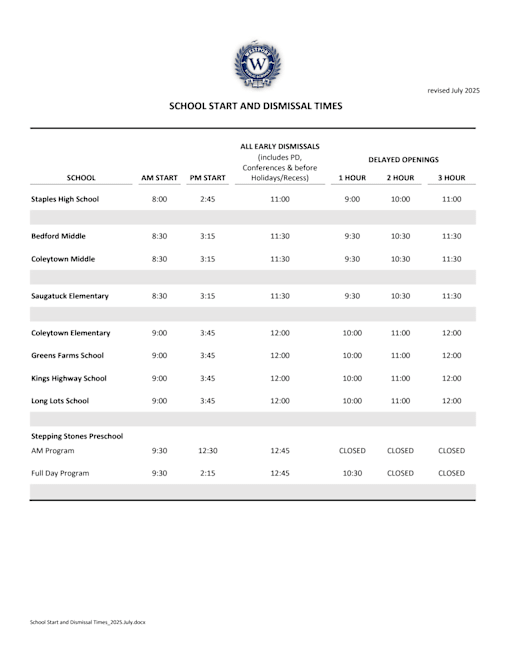 Start Times, Closings & Delays - Westport Public Schools