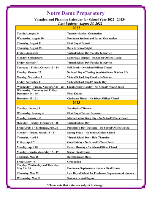 2022-23 Vacation Calendar - Notre Dame Preparatory Catholic High School  Grades 9-12