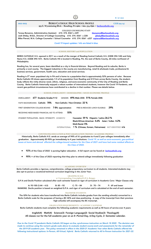 School Profile - Berks Catholic High School