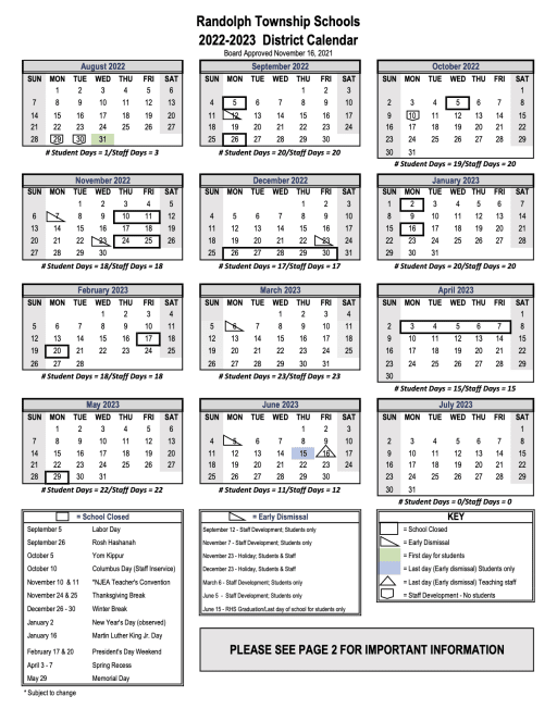 Herhaald Beraadslagen Klein 2022 - 2023 Annual Calendar - Randolph Township School District