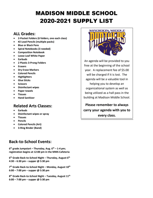 School Supply List – Parkhill Junior High