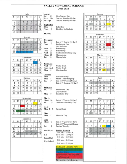 Calendar - Valley View PK - Primary - Intermediate