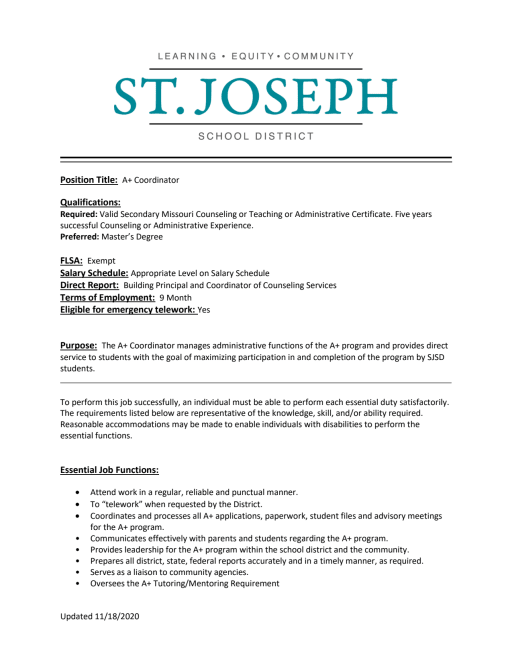 A+ Coordinator | Job Descriptions Details Page