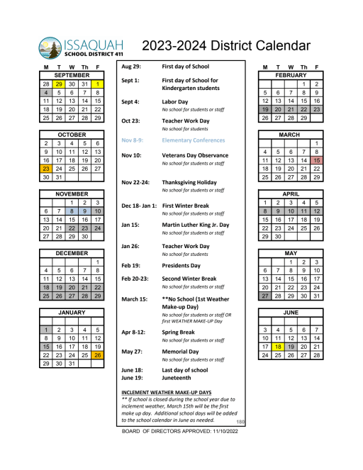 Issaquah School District Calendar GSA