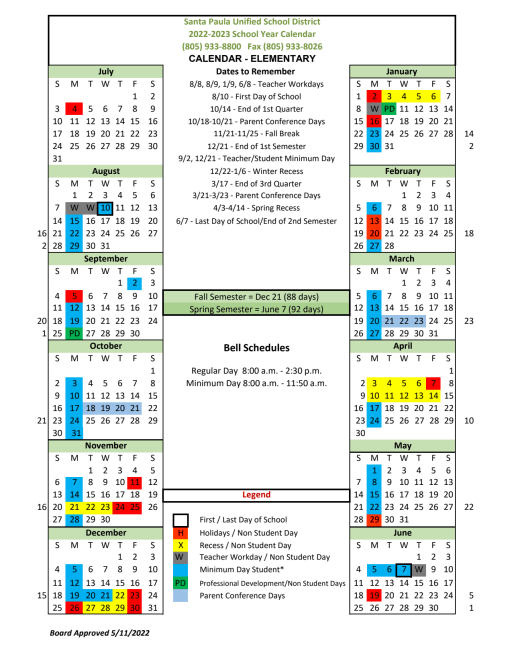 2022-2023 Academic Calendar - Santa Paula Unified School District