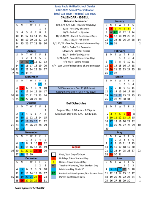 2022-2023 Academic Calendar - Santa Paula Unified School District