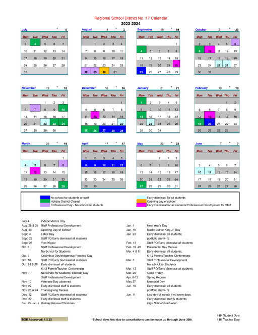 School Year Calendars - Regional School District 17