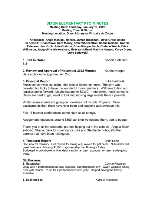 Dixon PTO Meeting Minutes from January 2023 | News Details