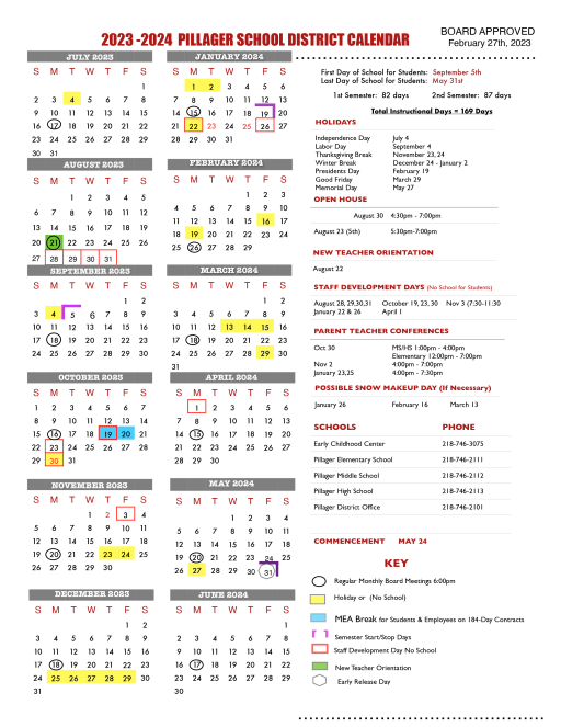 Pillager Public Schools Calendar 2023 and 2024