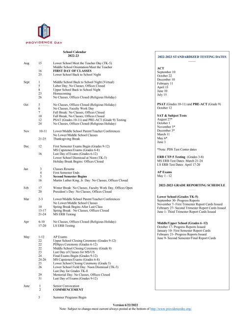 Academic Calendars - Providence Day School