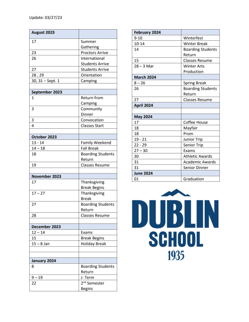 2023-24 School Calendar Overview - Dublin School