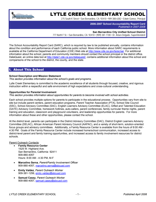 School Accountability Report Card (SARC) - Lytle Creek Elementary School