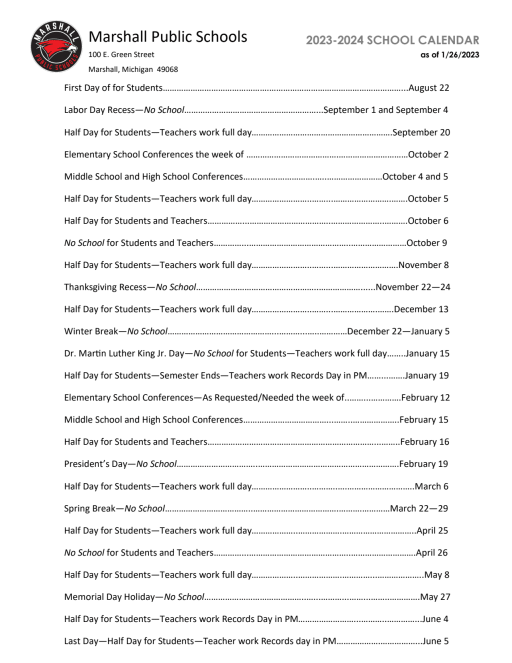 District Calendar - Marshall Public School District