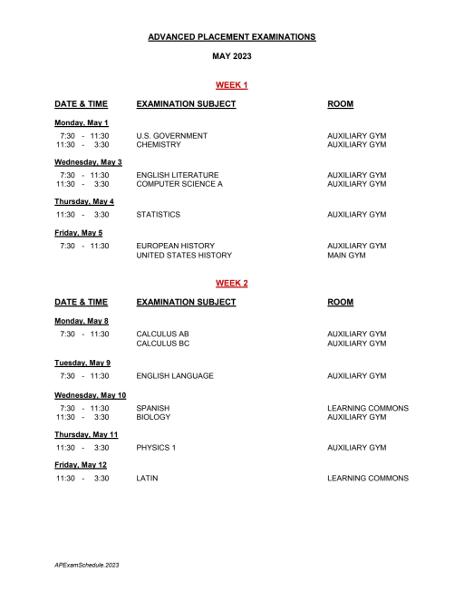 Exam Schedule | Detroit Catholic Central High School