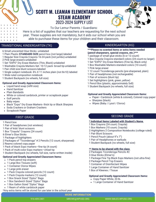 20232024 School Supply Lists 20232024 K5th Grade School