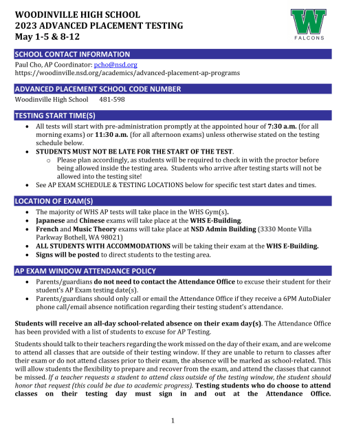AP Exam Schedule May 2023 - Woodinville High School