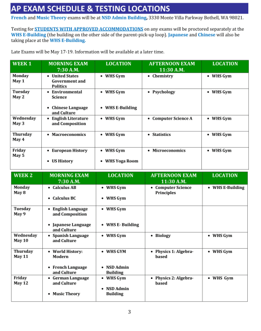 AP Exam Schedule May 2023 - Woodinville High School