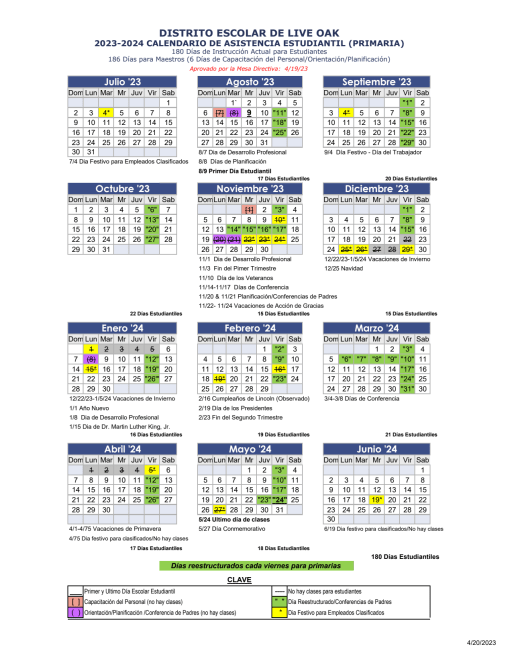 Yearly Calendars - Live Oak School District