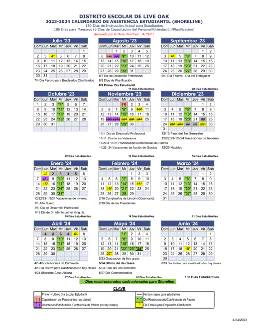 Yearly Calendars - Live Oak School District