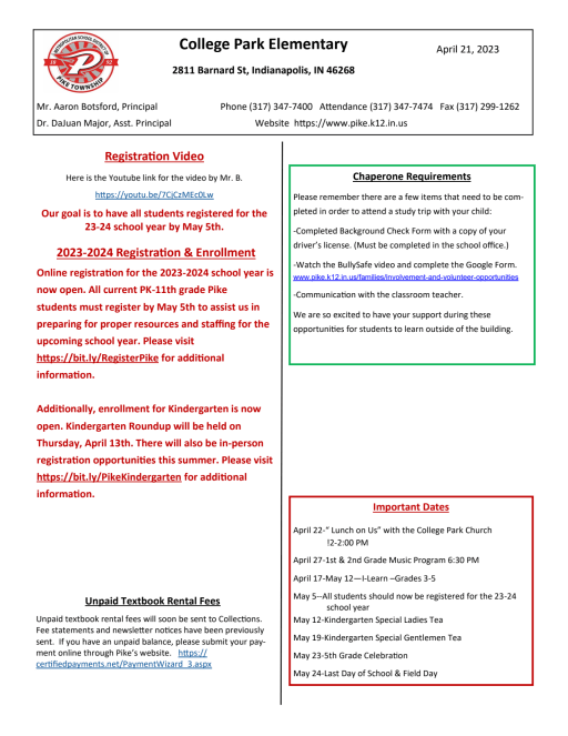 NEWSLETTERS - College Park Elementary School