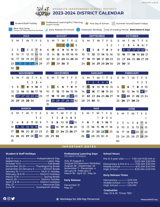 2023-24 District Calendar - Mesquite ISD 2022