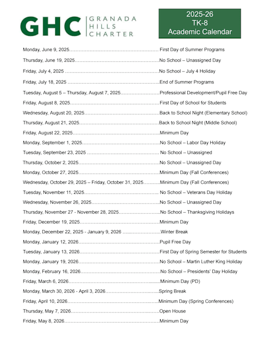 Academic Calendar - Granada Hills Charter School