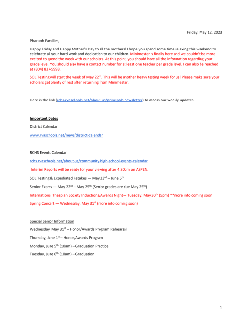 Principal's Newsletter - Richmond Community High School
