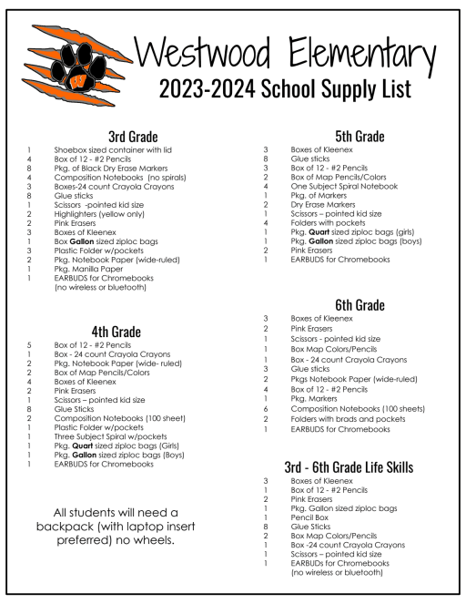 School Supply List - Westwood Independent School District