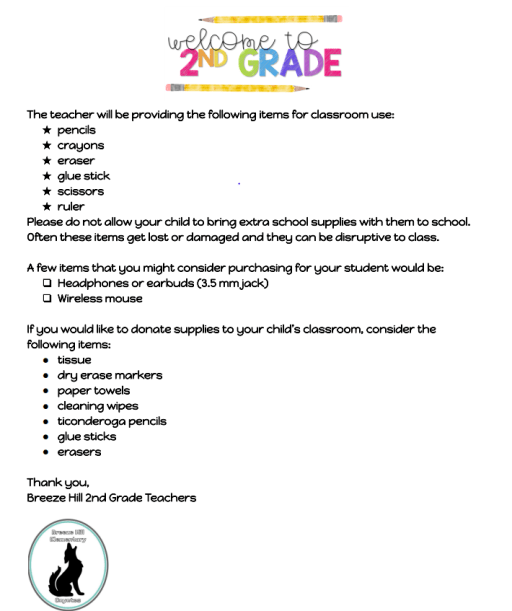 Classroom Donation List, 2nd Grade Resource