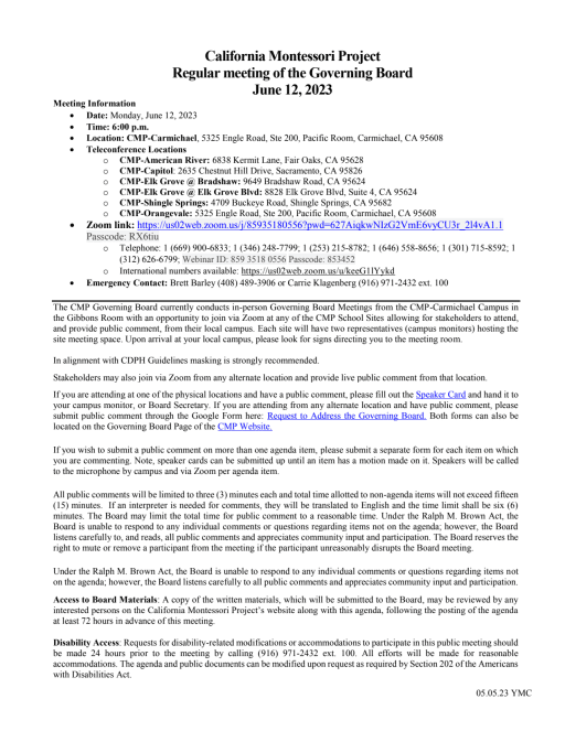 Current Board Agenda - California Montessori Project