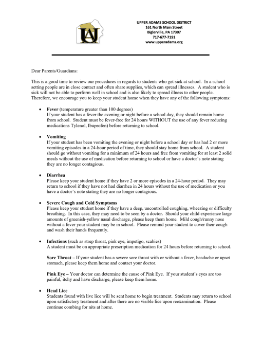 Illness Letter from the Nurses - Upper Adams School District