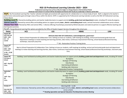 Professional Learning Calendar - Regional School District #10