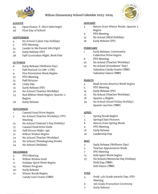 WES Calendars - Wilton Elementary School