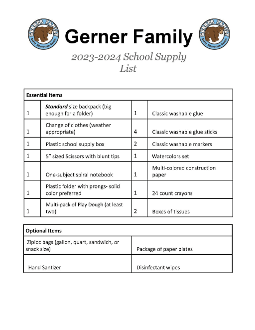 2023-2024 Supply List for Littlest Generals Preschool