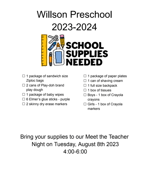 Willson Preschool Supply List - Crawfordsville Community School Corporation