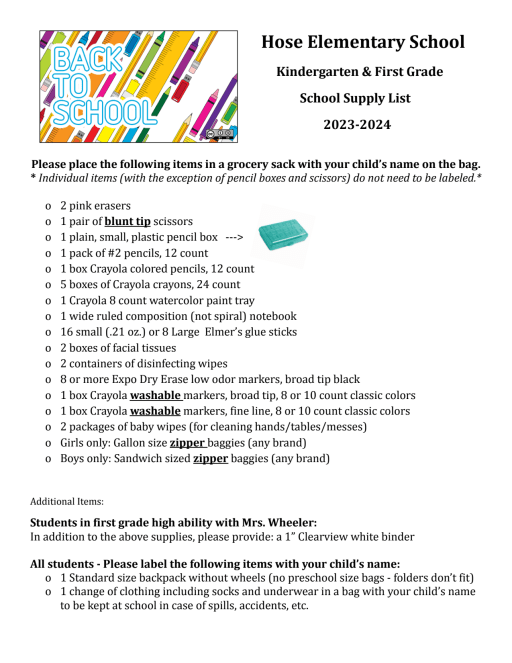 Preschool and Kindergarten School Supplies List