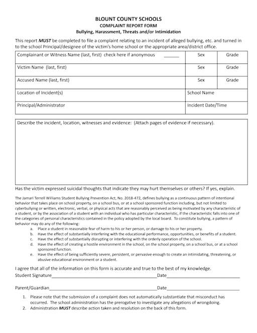 Bullying Complaint Form - Blount County School District