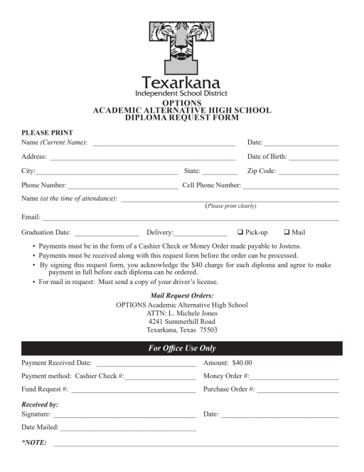 Diploma Request Form - OPTIONS Early Graduation High School