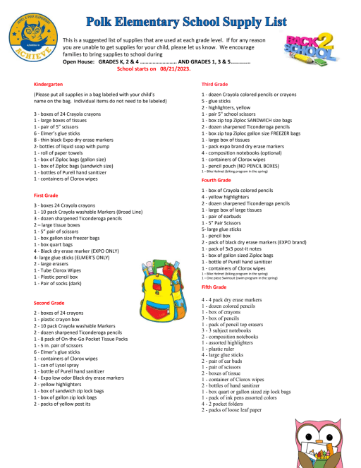 2023-2024 Supply List for Littlest Generals Preschool