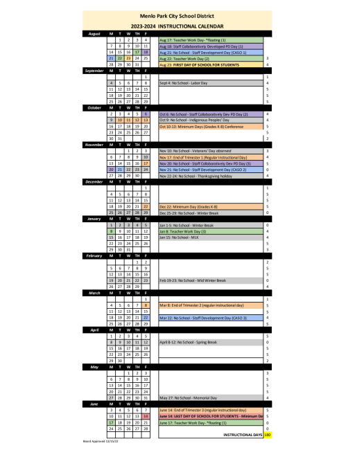 2023-24 Instructional Calendar - Menlo Park City School District