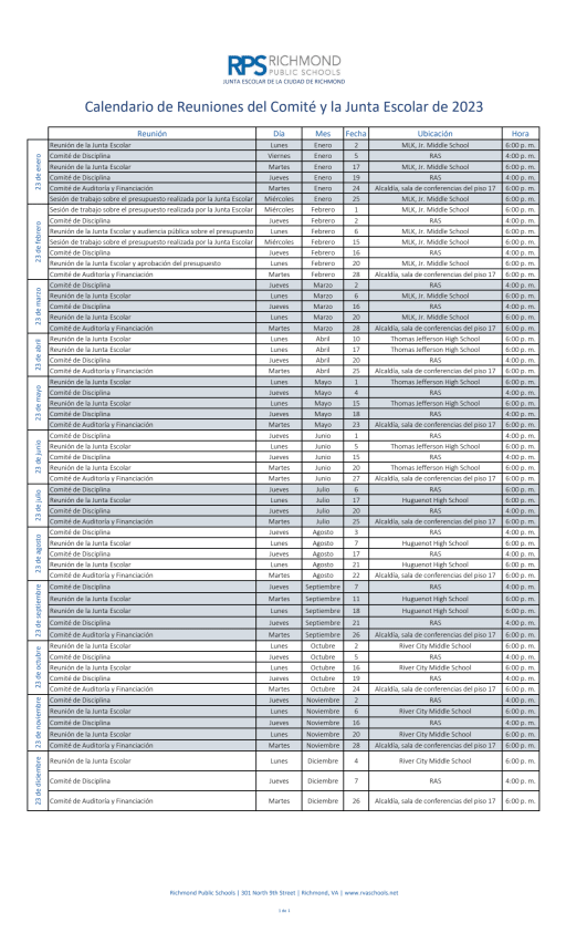 2023 School Board and Committee Meeting Calendar - Richmond Public Schools
