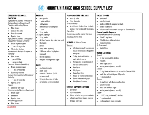 School Opening Information / School Supply Guide
