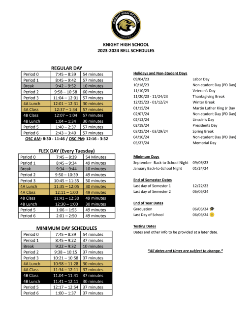 Bell Schedule - Knight High School