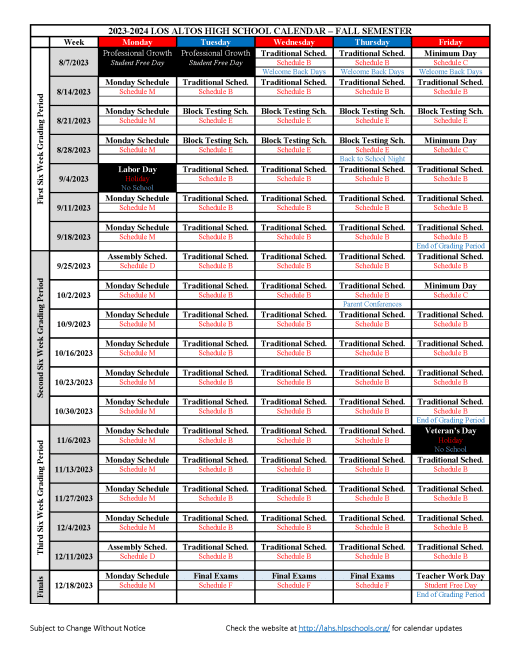 23-24 LAHS School Calendar - Sem 1 - Los Altos High 23-24 LAHS School Calendar - Sem 1 - Los Altos High
