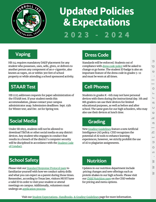 Student Expectations, Handbooks, & Grading Guidelines - Carroll Independent School  District