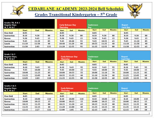 Bell Schedules & District Calendar - Cedarlane Academy