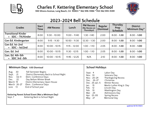 Bell Schedule - Kettering Elementary School