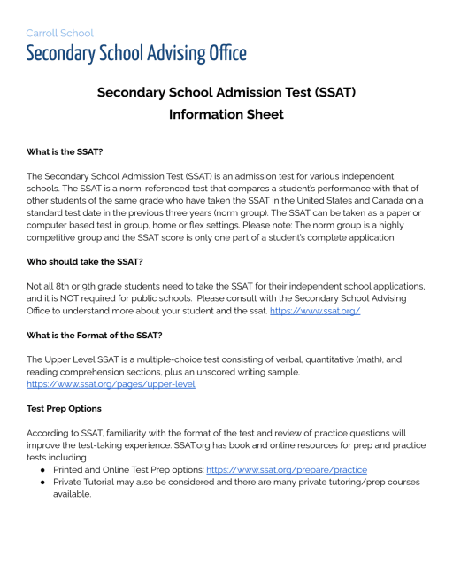 Secondary School Admission Test (SSAT) - Carroll School